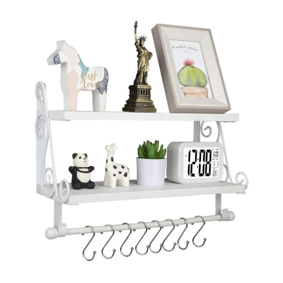 2-Tier Rustic Farmhouse Wood Wall Shelf with 8 Hooks - Picture 9 of 14